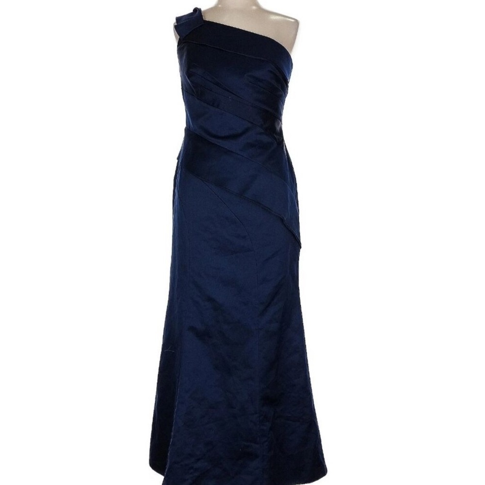 WHITE by VERA WANG Satin One Shoulder Dress Navy Blue Women's Sz 8 Maxi designer
